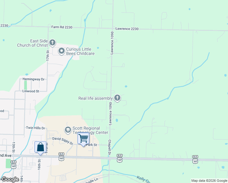 map of restaurants, bars, coffee shops, grocery stores, and more near 2300-23187 Lawrence 1090 in Monett