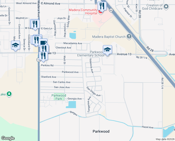 map of restaurants, bars, coffee shops, grocery stores, and more near 962 Perkins Avenue in Madera