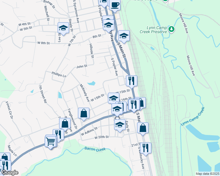 map of restaurants, bars, coffee shops, grocery stores, and more near 1407 Spruce Street in Corbin