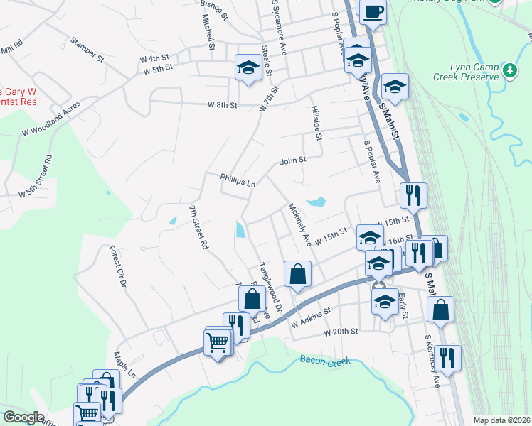 map of restaurants, bars, coffee shops, grocery stores, and more near 710 West Adams Street in Corbin