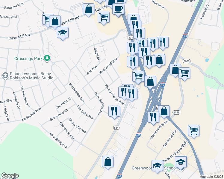 map of restaurants, bars, coffee shops, grocery stores, and more near 3230 Spring Hollow Avenue in Bowling Green