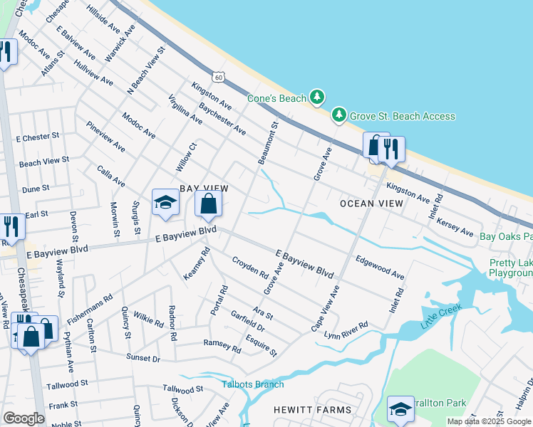 map of restaurants, bars, coffee shops, grocery stores, and more near 1612 Beaumont Court in Norfolk