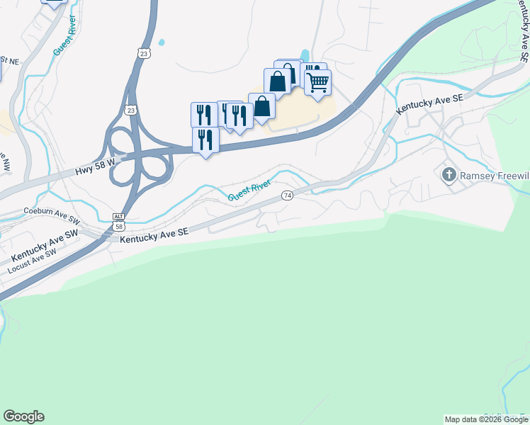 map of restaurants, bars, coffee shops, grocery stores, and more near 602 Woodland Terrace Southeast in Norton
