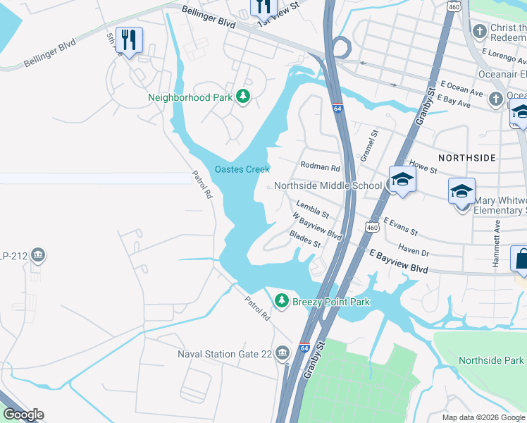 map of restaurants, bars, coffee shops, grocery stores, and more near 191 West Bayview Boulevard in Norfolk