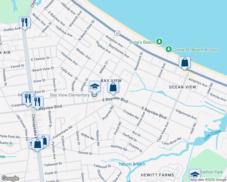 map of restaurants, bars, coffee shops, grocery stores, and more near 9325 Fishermans Road in Norfolk