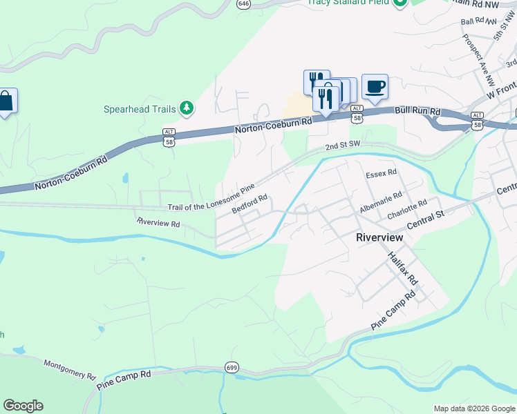 map of restaurants, bars, coffee shops, grocery stores, and more near 11436 Bedford Road in Coeburn