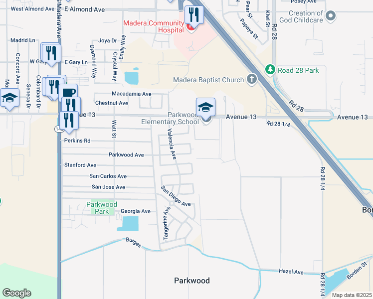 map of restaurants, bars, coffee shops, grocery stores, and more near 1078 Perkins Avenue in Madera