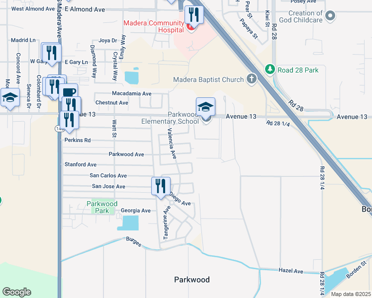 map of restaurants, bars, coffee shops, grocery stores, and more near 1078 Perkins Avenue in Madera