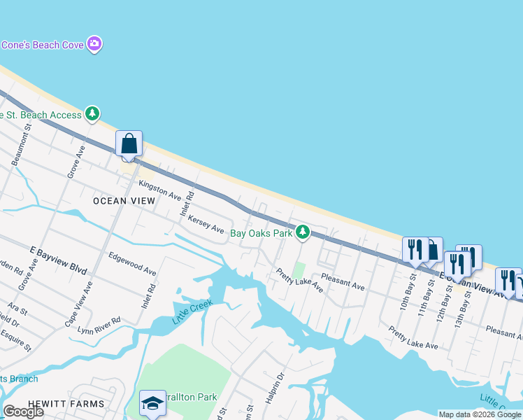 map of restaurants, bars, coffee shops, grocery stores, and more near 2100 East Ocean View Avenue in Norfolk