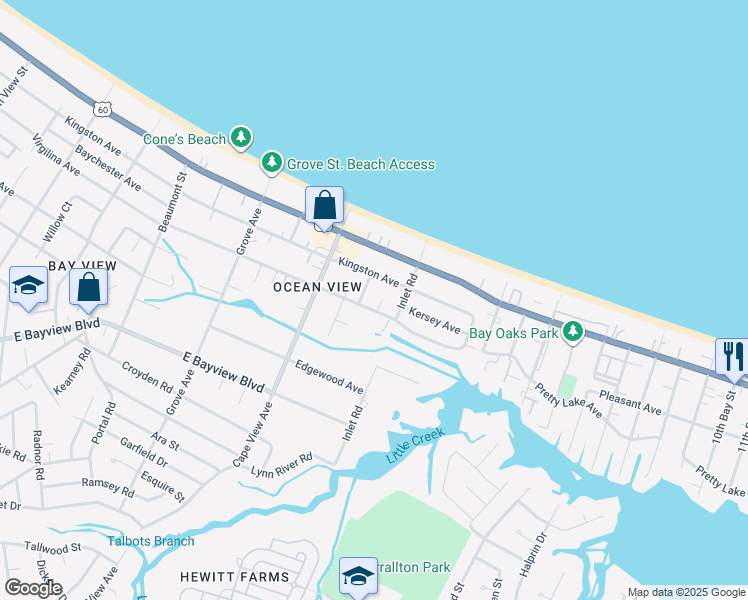 map of restaurants, bars, coffee shops, grocery stores, and more near 9609 Marlina Court in Norfolk