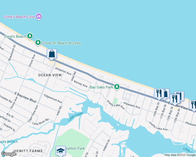 map of restaurants, bars, coffee shops, grocery stores, and more near 2100 East Ocean View Avenue in Norfolk