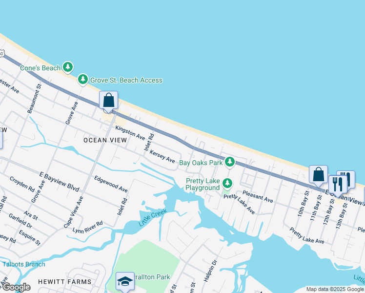 map of restaurants, bars, coffee shops, grocery stores, and more near 2065 East Ocean View Avenue in Norfolk