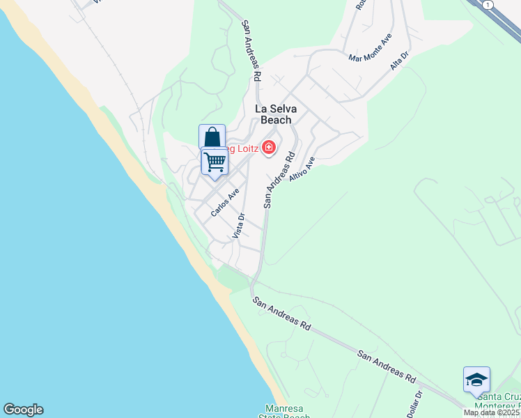 map of restaurants, bars, coffee shops, grocery stores, and more near 1531 San Andreas Road in La Selva Beach