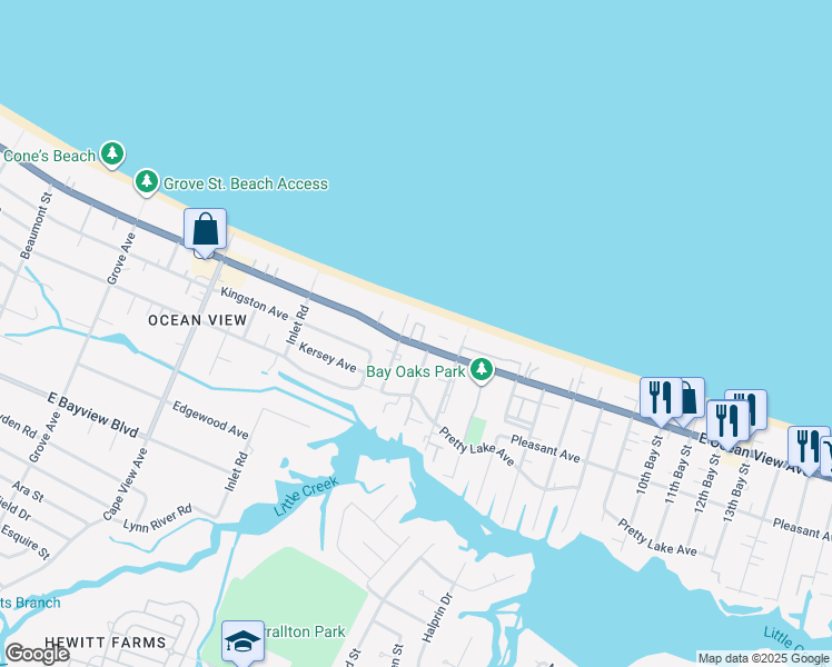 map of restaurants, bars, coffee shops, grocery stores, and more near 2100 East Ocean View Avenue in Norfolk