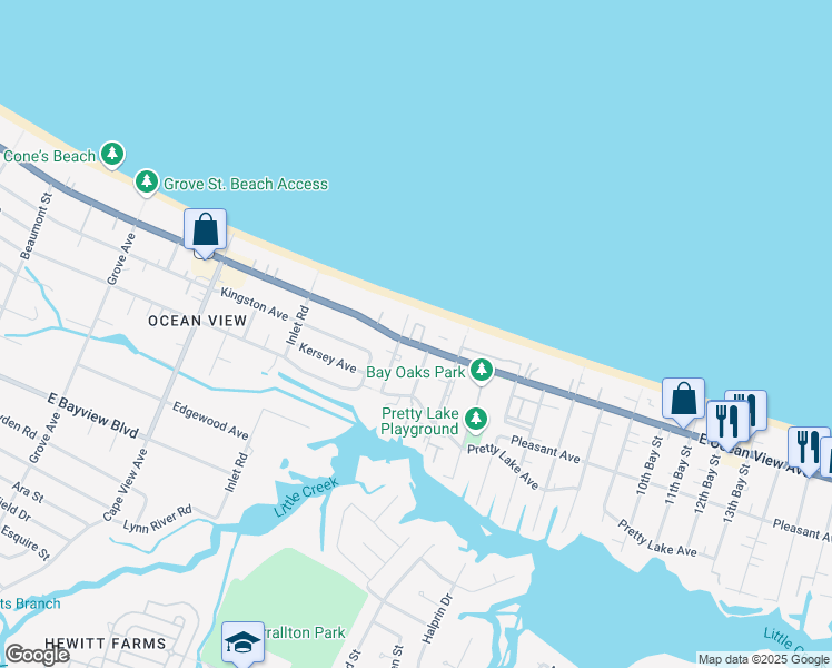 map of restaurants, bars, coffee shops, grocery stores, and more near 2100 East Ocean View Avenue in Norfolk