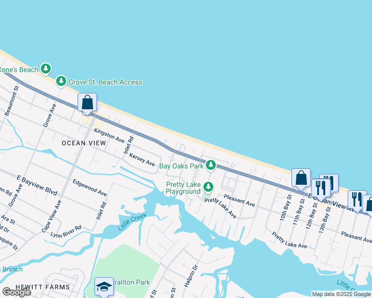 map of restaurants, bars, coffee shops, grocery stores, and more near 2100 East Ocean View Avenue in Norfolk