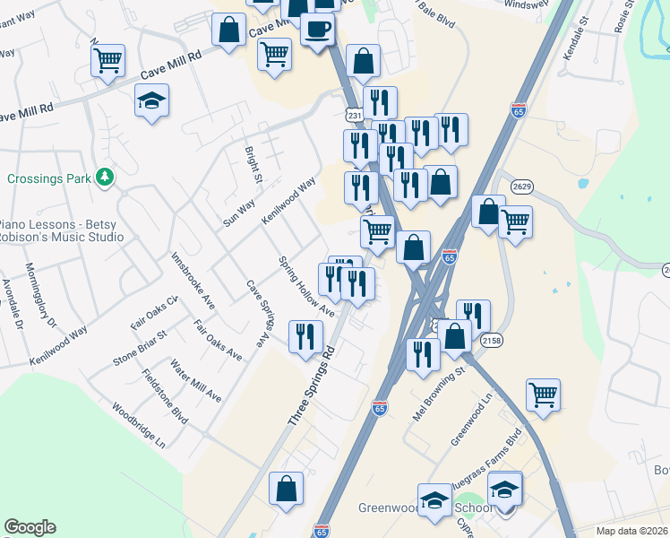 map of restaurants, bars, coffee shops, grocery stores, and more near 455 Three Springs Road in Bowling Green