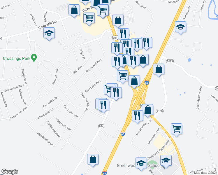 map of restaurants, bars, coffee shops, grocery stores, and more near 455 Three Springs Road in Bowling Green
