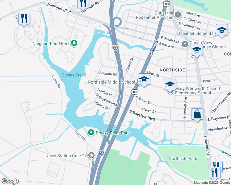 map of restaurants, bars, coffee shops, grocery stores, and more near 141 West Evans Street in Norfolk