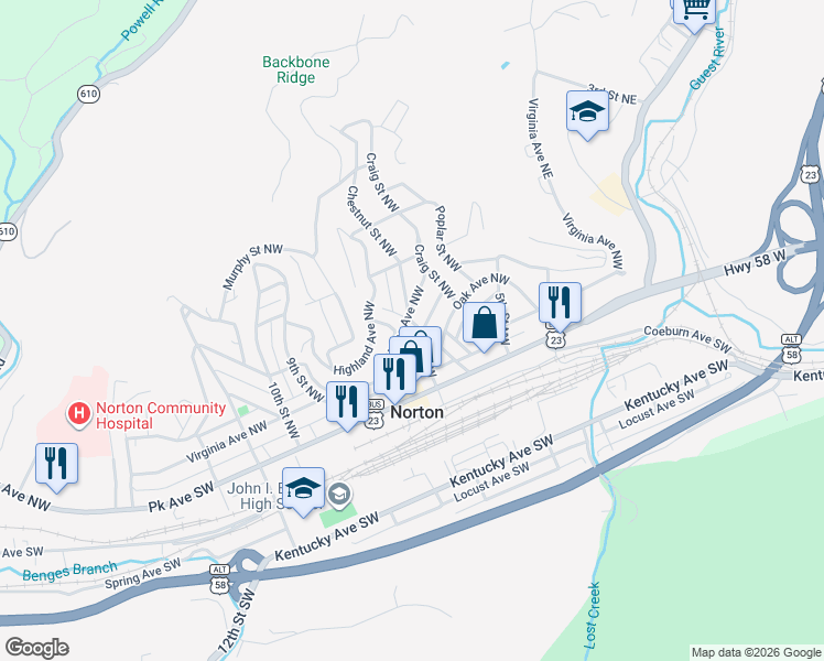 map of restaurants, bars, coffee shops, grocery stores, and more near 200 6th Street Northwest in Norton