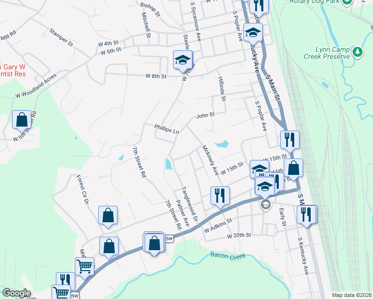 map of restaurants, bars, coffee shops, grocery stores, and more near 710 West Adams Street in Corbin