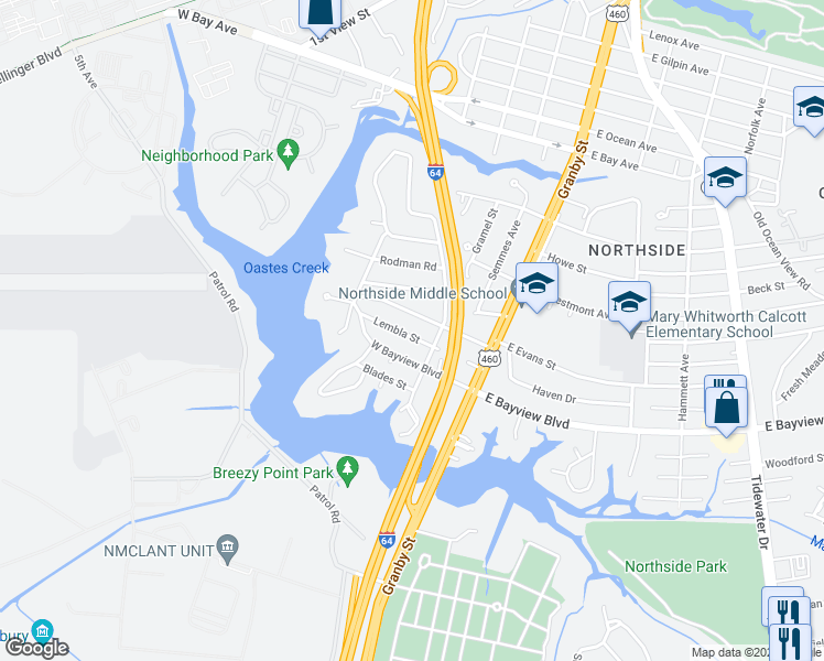 map of restaurants, bars, coffee shops, grocery stores, and more near 152 Lembla Street in Norfolk