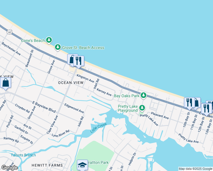 map of restaurants, bars, coffee shops, grocery stores, and more near 2030 Kingston Avenue in Norfolk