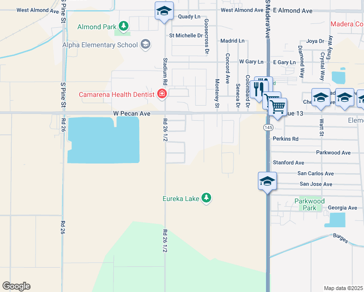 map of restaurants, bars, coffee shops, grocery stores, and more near 1647 Munras Avenue in Madera