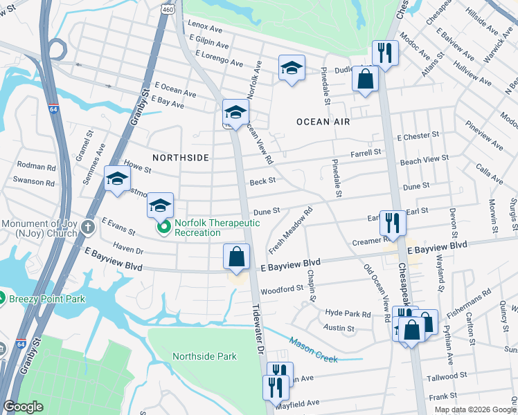 map of restaurants, bars, coffee shops, grocery stores, and more near 8716 Virginia 168 in Norfolk