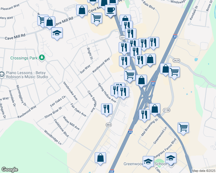 map of restaurants, bars, coffee shops, grocery stores, and more near 3230 Spring Hollow Avenue in Bowling Green