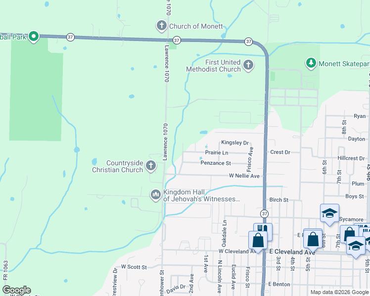 map of restaurants, bars, coffee shops, grocery stores, and more near Ridgemont Avenue in Monett