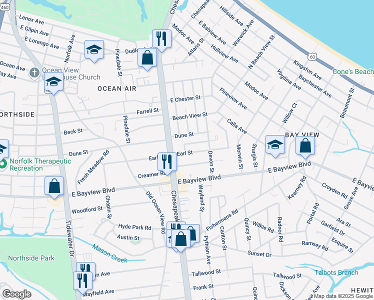map of restaurants, bars, coffee shops, grocery stores, and more near 1028 Earl Street in Norfolk