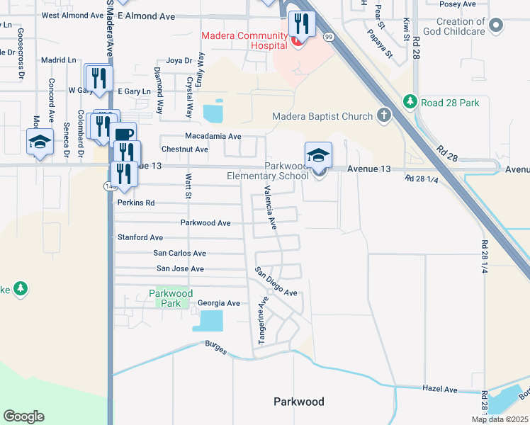 map of restaurants, bars, coffee shops, grocery stores, and more near 962 Perkins Avenue in Madera