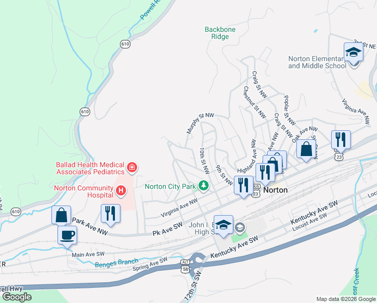 map of restaurants, bars, coffee shops, grocery stores, and more near 1001-1019 Ridge Avenue Northwest in Norton
