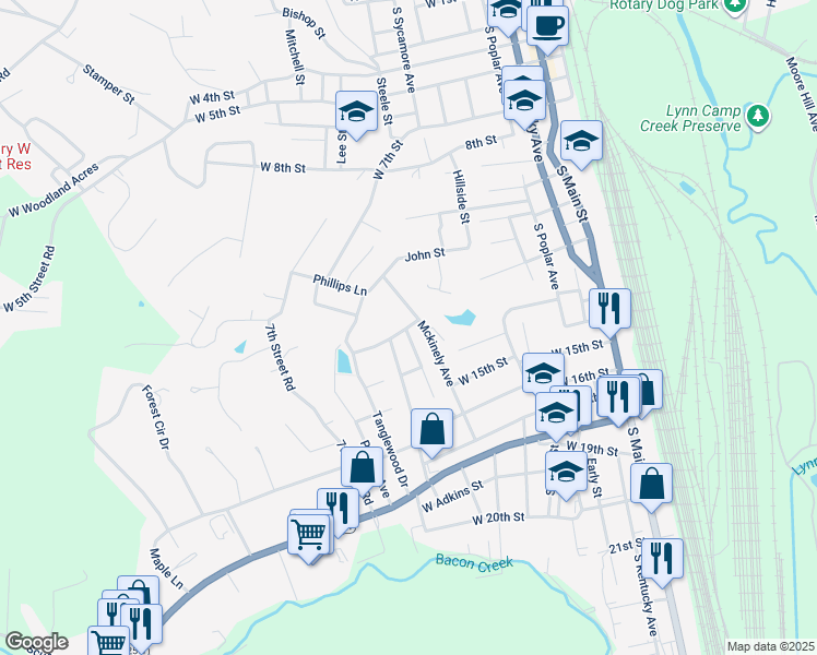 map of restaurants, bars, coffee shops, grocery stores, and more near 703 West Adams Street in Corbin