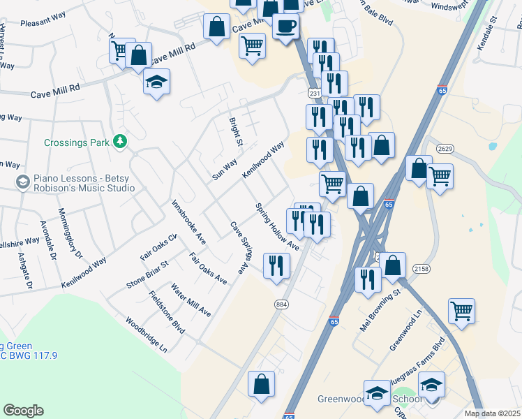 map of restaurants, bars, coffee shops, grocery stores, and more near 3223 Spring Hollow Avenue in Bowling Green