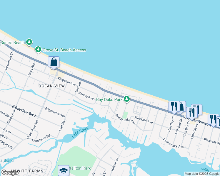 map of restaurants, bars, coffee shops, grocery stores, and more near 2100 East Ocean View Avenue in Norfolk