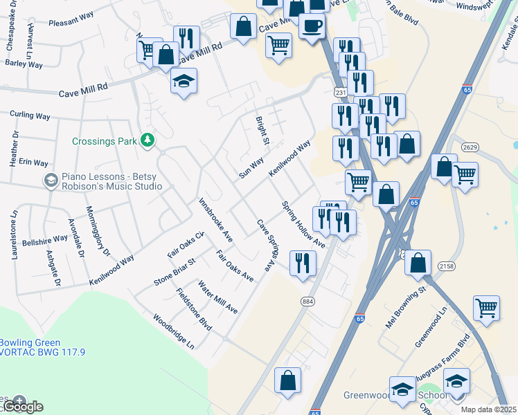 map of restaurants, bars, coffee shops, grocery stores, and more near 3200-3298 Cave Springs Ave in Bowling Green