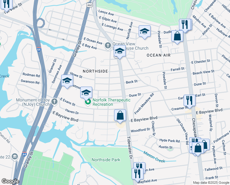 map of restaurants, bars, coffee shops, grocery stores, and more near 317 E Westmont Ave in Norfolk