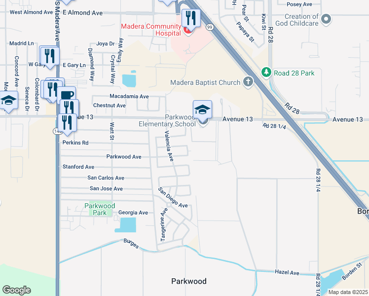 map of restaurants, bars, coffee shops, grocery stores, and more near 1078 Perkins Avenue in Madera