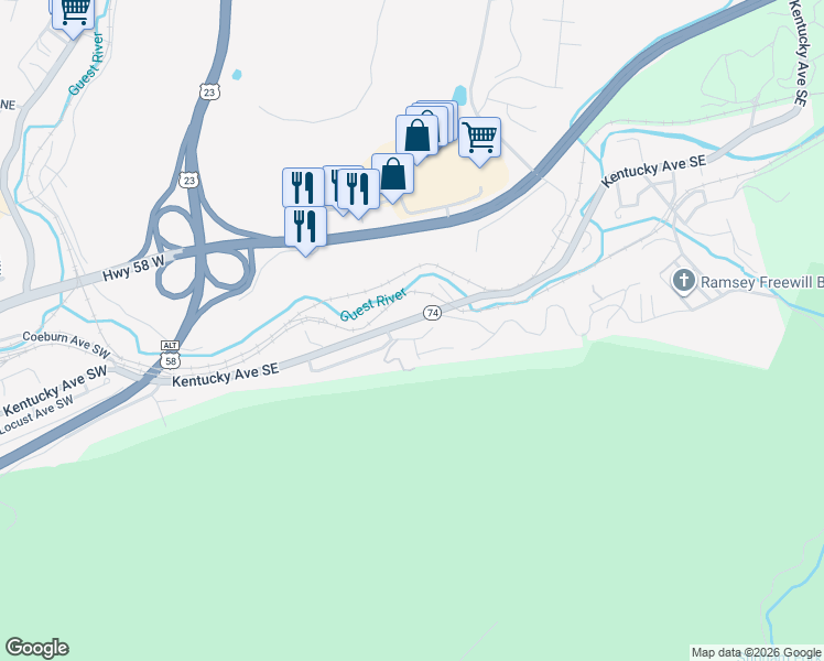 map of restaurants, bars, coffee shops, grocery stores, and more near 602-608 Woodland Terrace Southeast in Norton