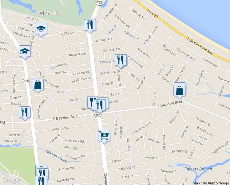 map of restaurants, bars, coffee shops, grocery stores, and more near 1048 Earl Street in Norfolk