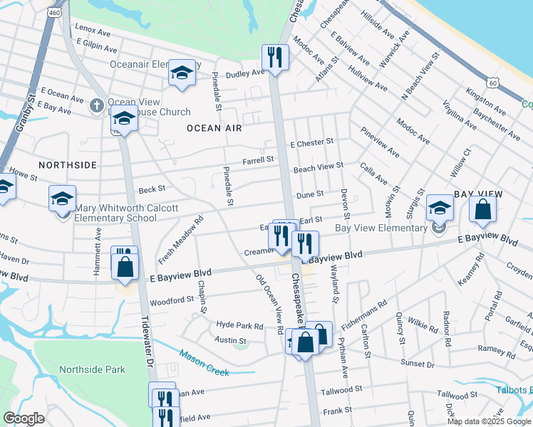 map of restaurants, bars, coffee shops, grocery stores, and more near 711 Dune Street in Norfolk