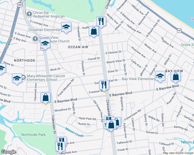 map of restaurants, bars, coffee shops, grocery stores, and more near 711 Dune Street in Norfolk
