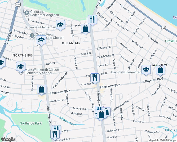 map of restaurants, bars, coffee shops, grocery stores, and more near 711 Dune Street in Norfolk