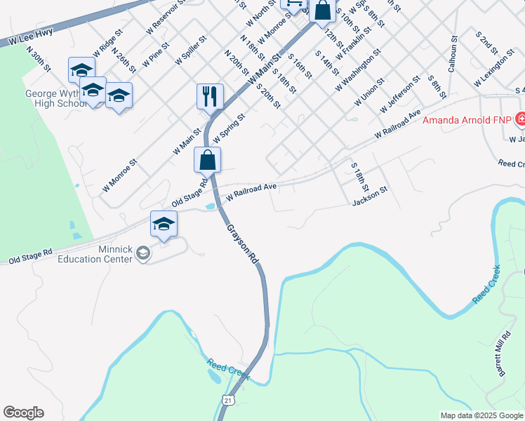 map of restaurants, bars, coffee shops, grocery stores, and more near 178-186 Cedar Lane in Wytheville