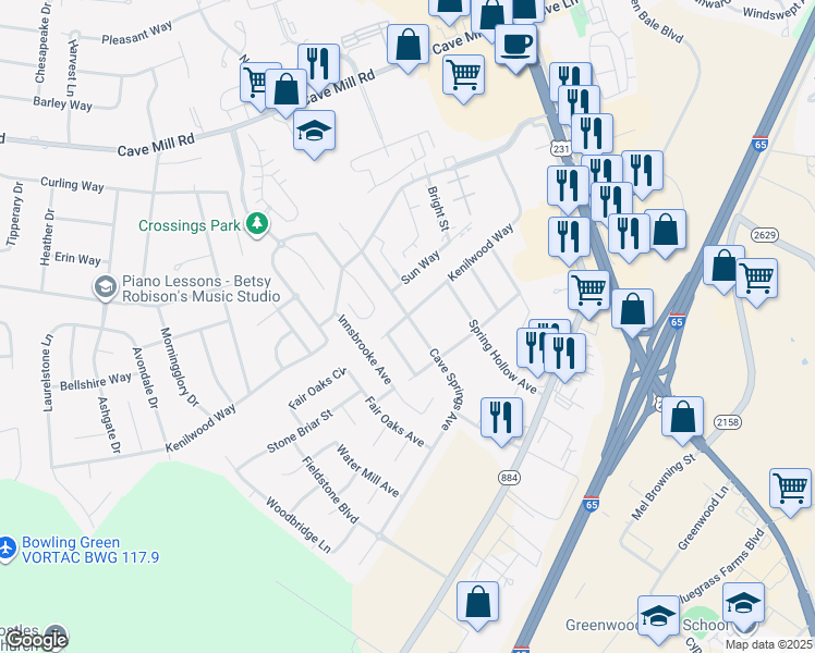 map of restaurants, bars, coffee shops, grocery stores, and more near 3200-3298 Cave Springs Ave in Bowling Green