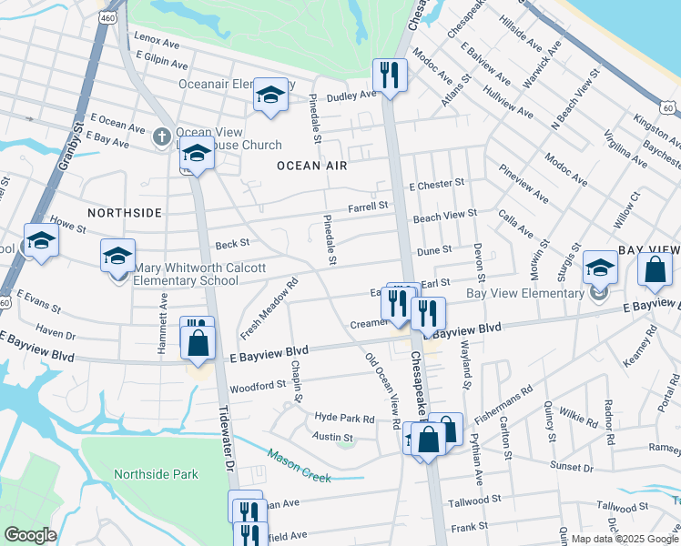 map of restaurants, bars, coffee shops, grocery stores, and more near 627 Dune Street in Norfolk