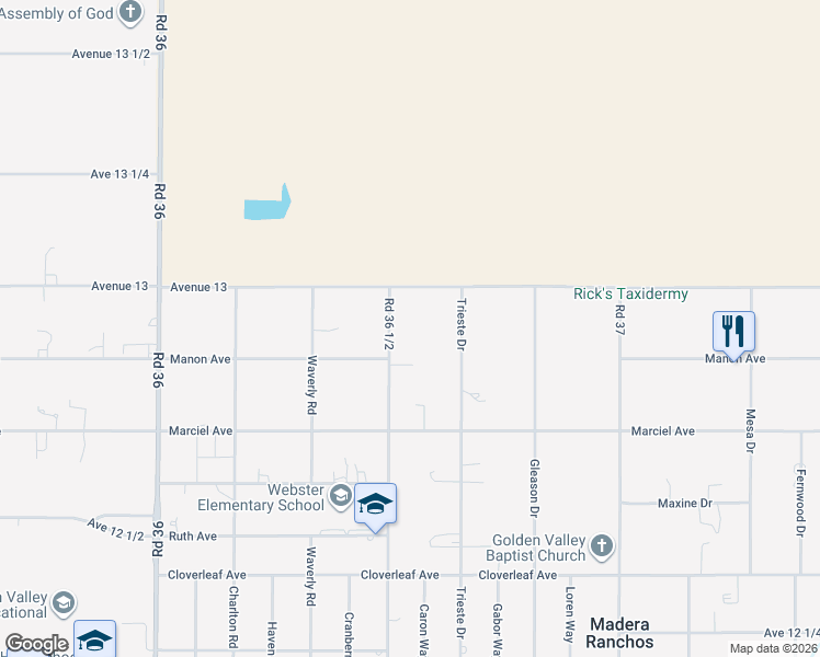 map of restaurants, bars, coffee shops, grocery stores, and more near 12917 Road 36 1/2 in Madera