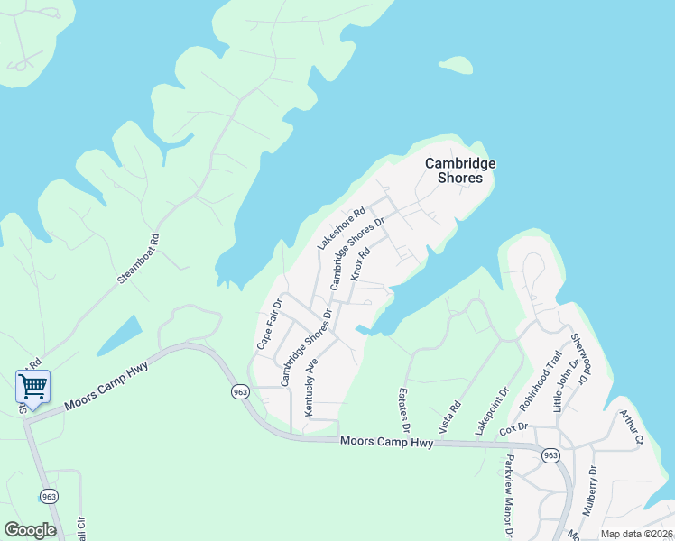 map of restaurants, bars, coffee shops, grocery stores, and more near Cambridge Shores Drive in Marshall County